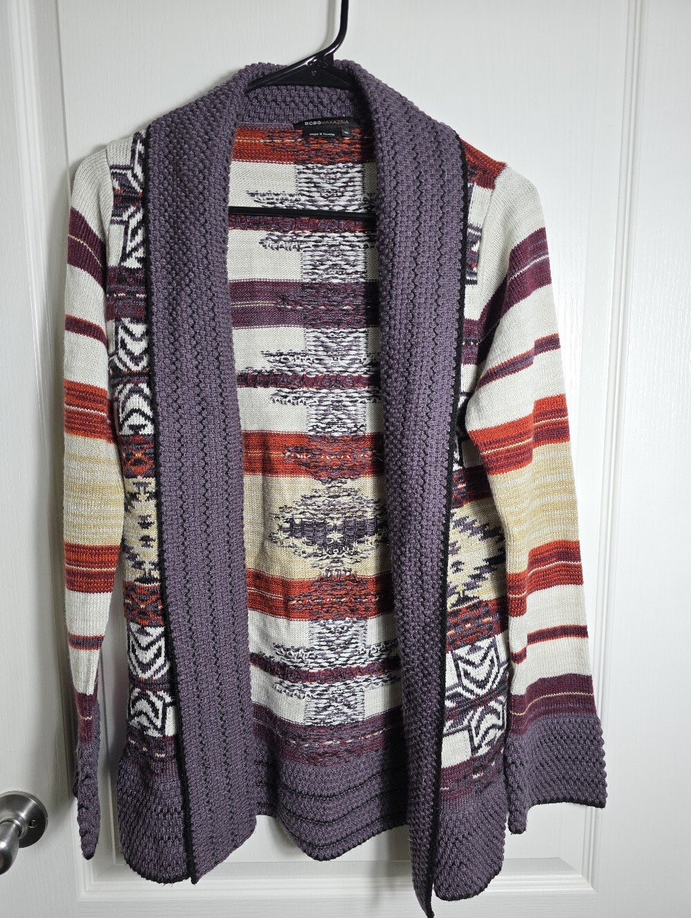 Womens Aztec Kint Open Front Shawl Cardigan Size Medium Purple Multi Color